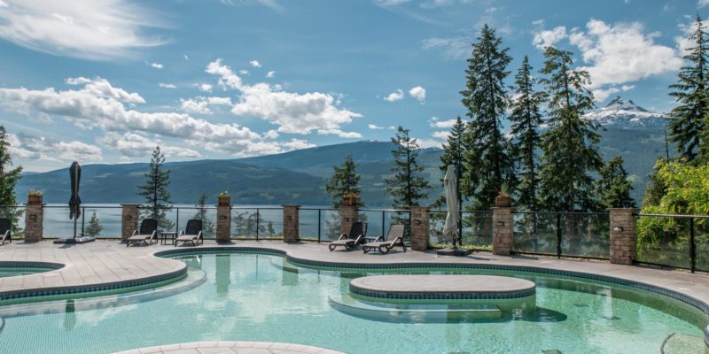 The pools at Halcyon with mountains in the background