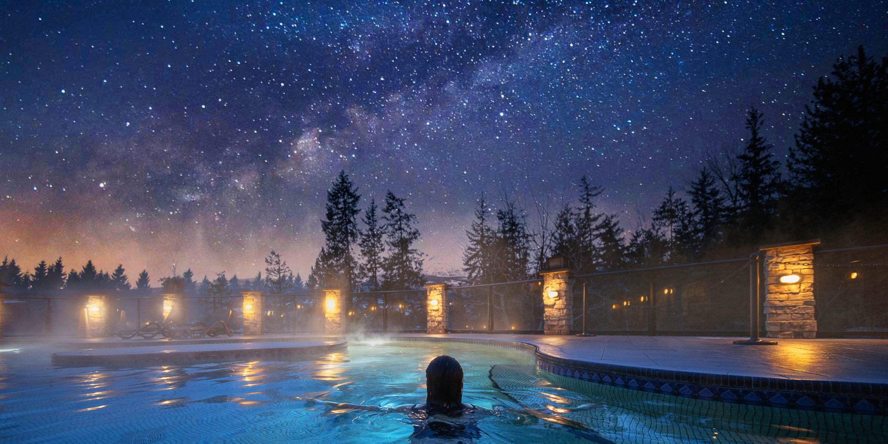 NIght sky at Halcyon Hot springs resort. Luxury accommodations in nature